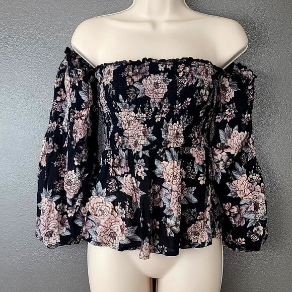 American Eagle Outfitters Tops - American Eagle Outfitters Black & Pink Floral Peasant Blouse